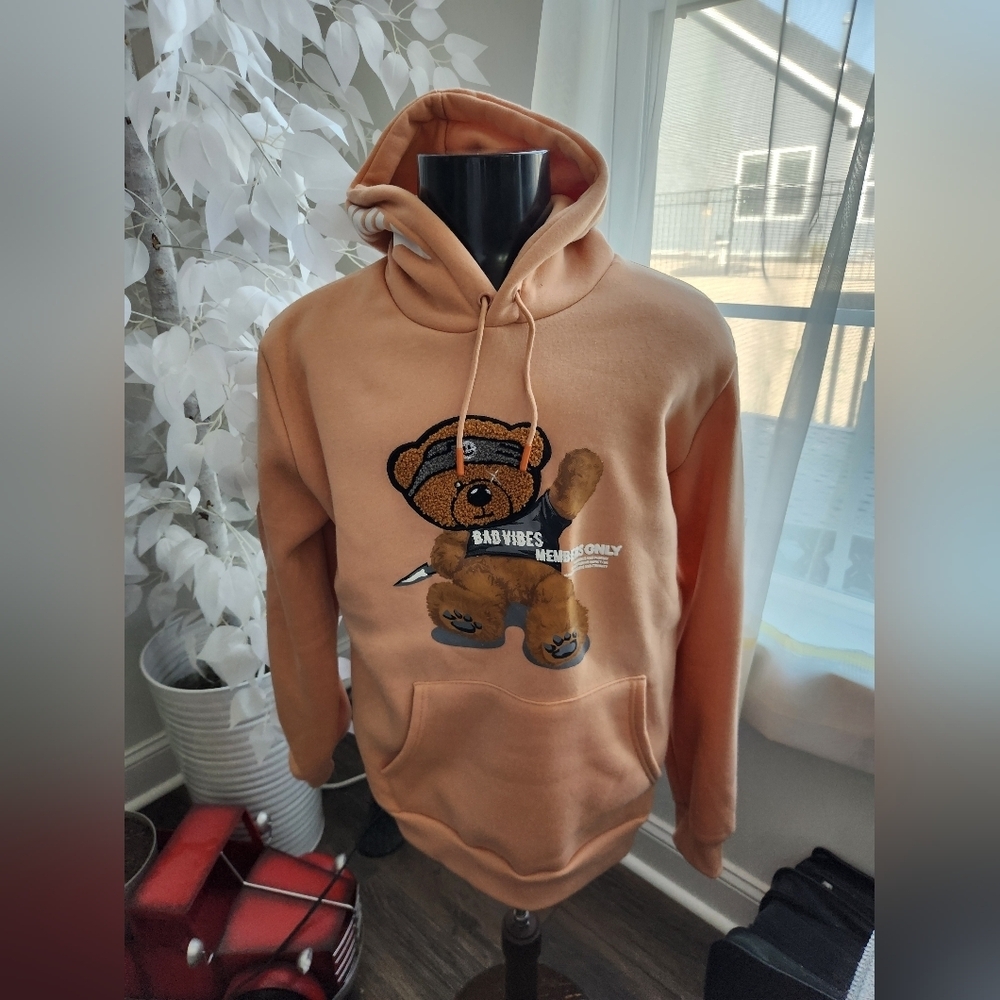 Members Only Bad Vibes Brown Bear Graphic Hoodie Tan Mens Medium